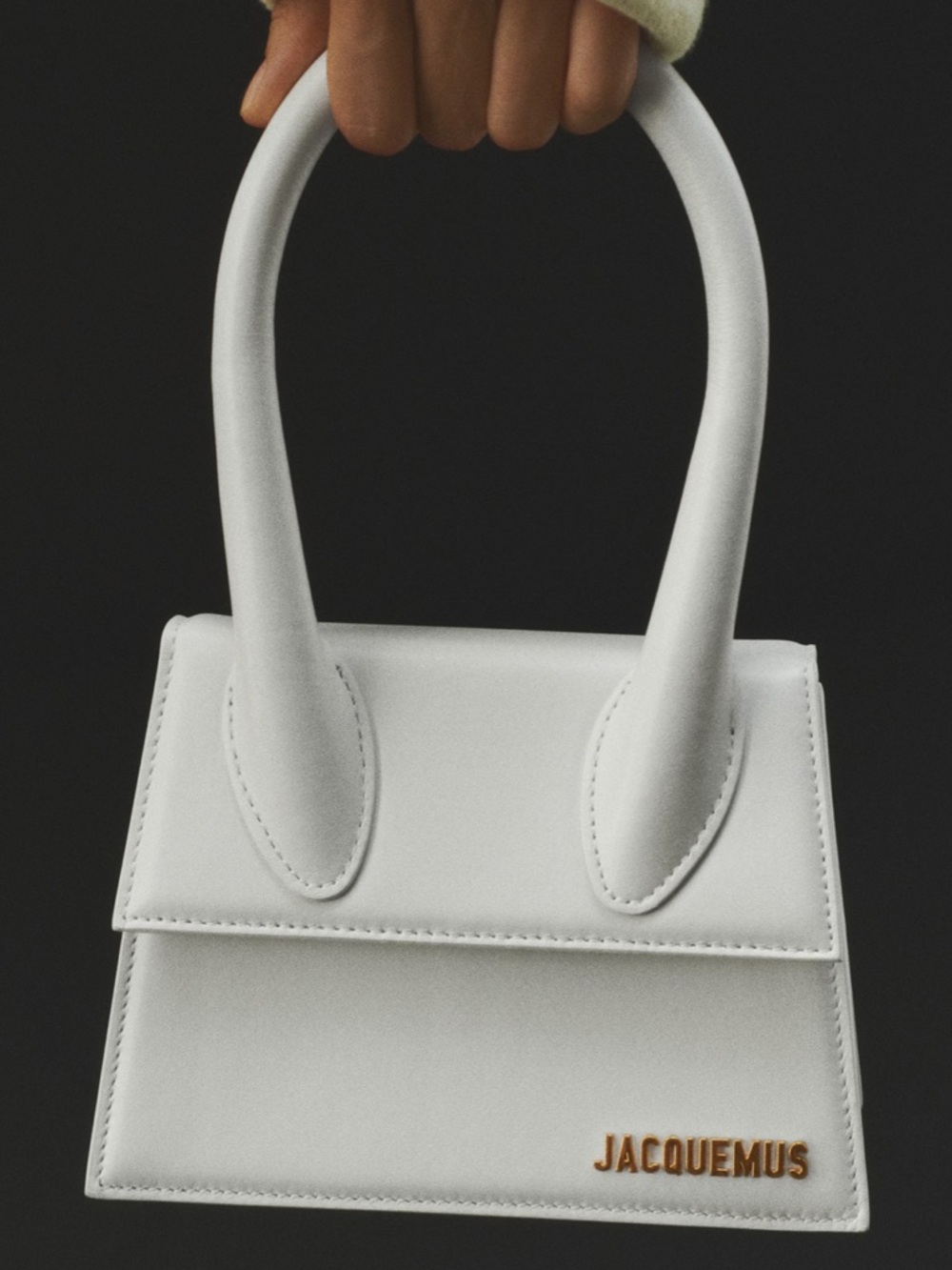 Jacquemus White Mini Top-Handle Leather Bag with Gold Logo